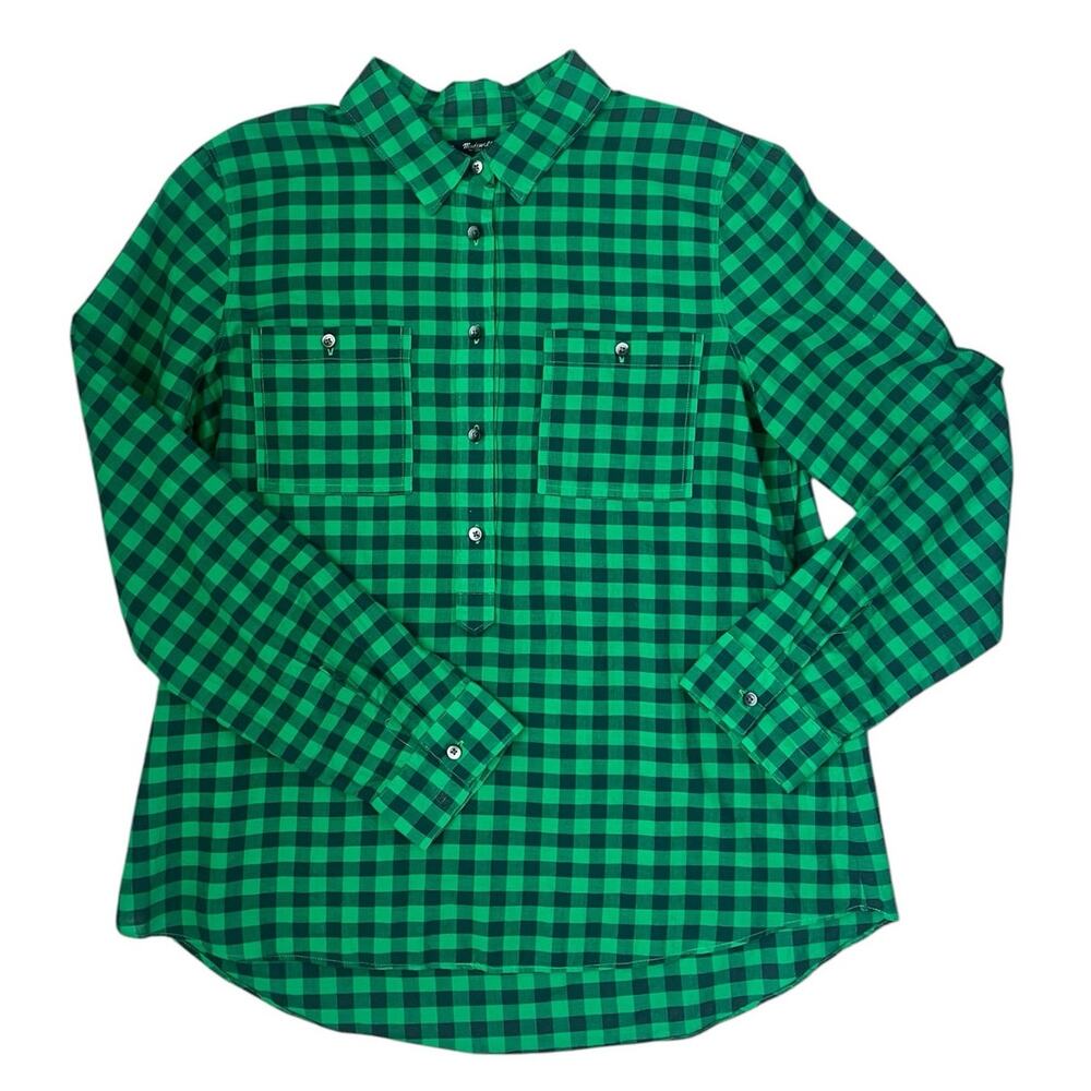 Madewell Mini Check Market Popover Shirt Button Pockets Green Preppy Large